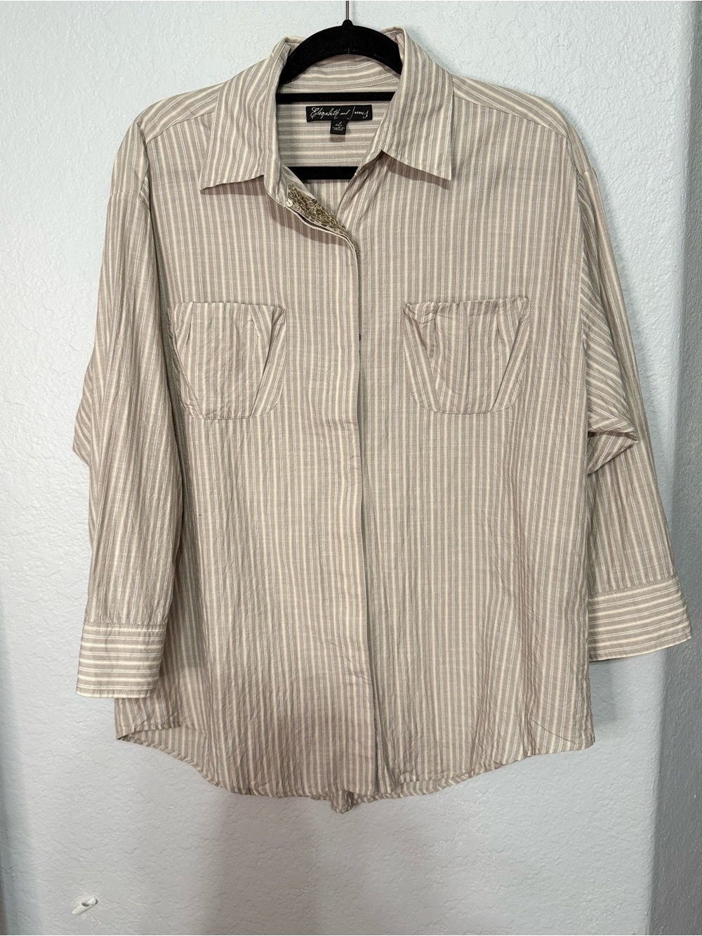 Elizabeth and James Beige and White Striped Button-Down Shirt